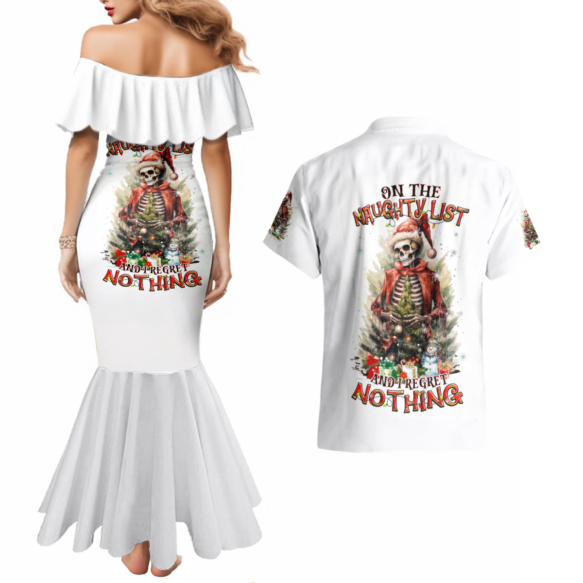 Skeleton Santa Claus Couples Matching Mermaid Dress and Hawaiian Shirt On The Naughty List And I Regret Nothing - Wonder Print Shop