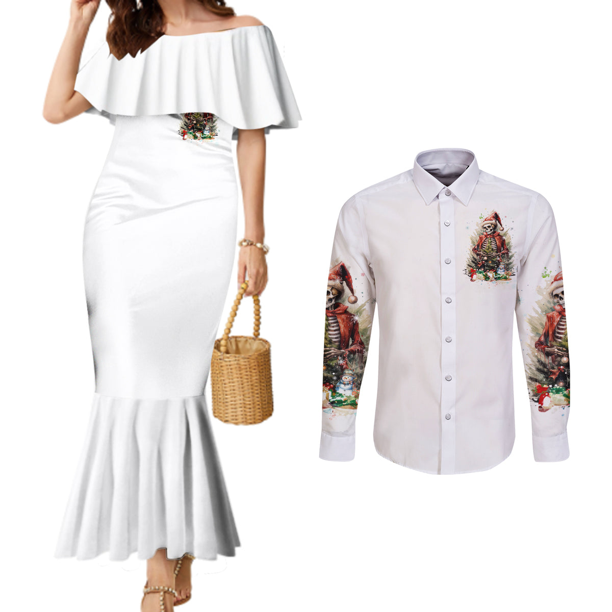 skeleton-santa-claus-couples-matching-mermaid-dress-and-long-sleeve-button-shirt-on-the-naughty-list-and-i-regret-nothing