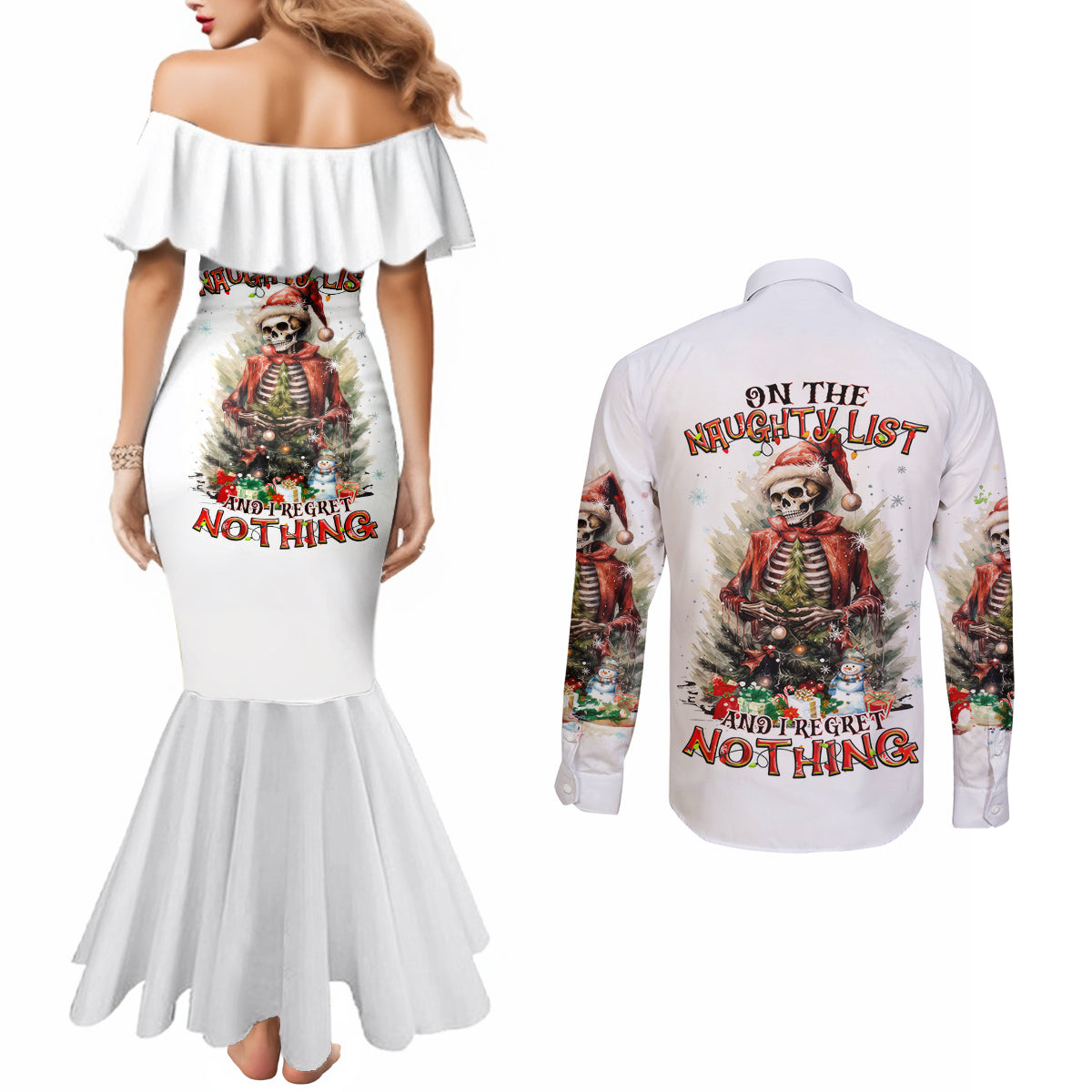 skeleton-santa-claus-couples-matching-mermaid-dress-and-long-sleeve-button-shirt-on-the-naughty-list-and-i-regret-nothing