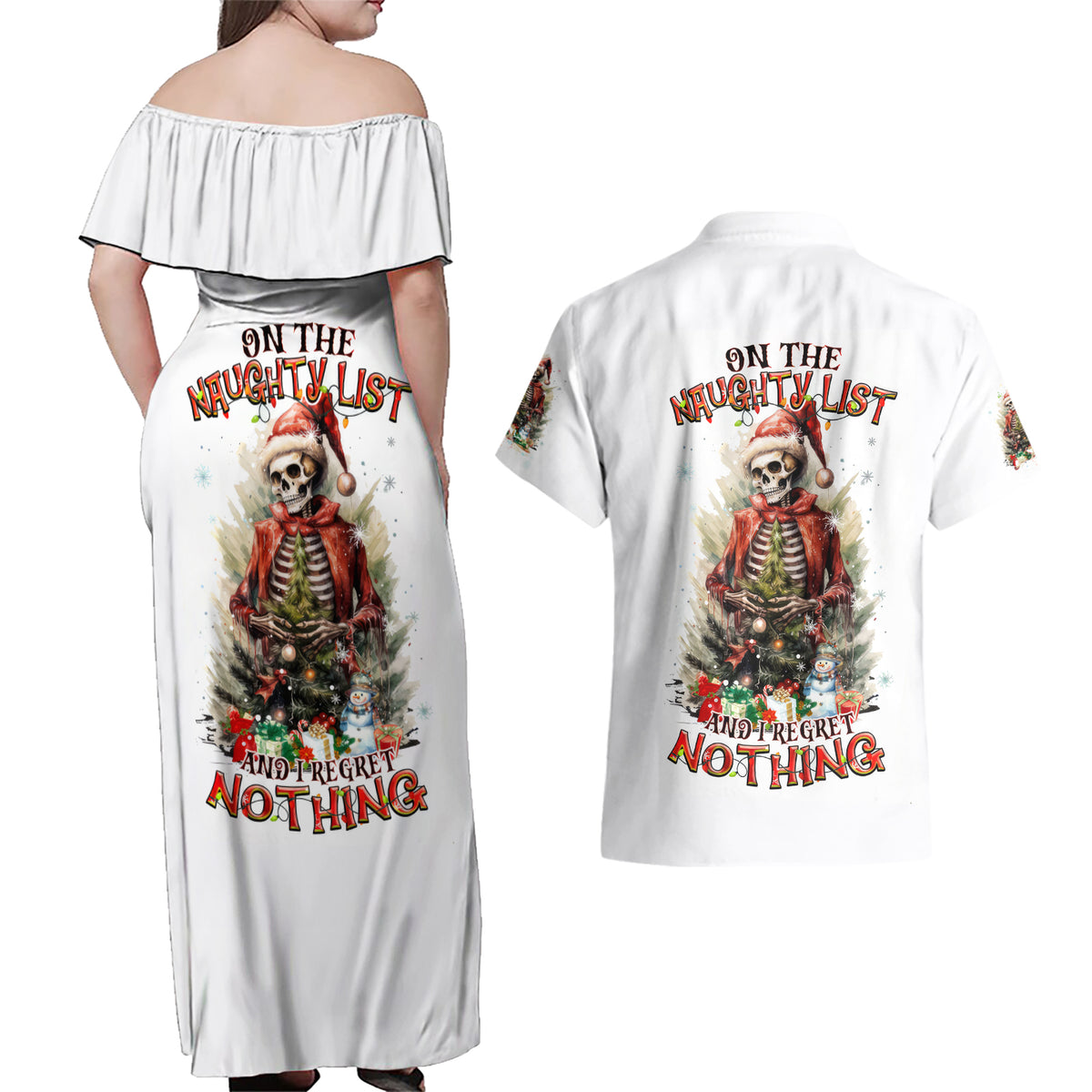 Skeleton Santa Claus Couples Matching Off Shoulder Maxi Dress and Hawaiian Shirt On The Naughty List And I Regret Nothing - Wonder Print Shop
