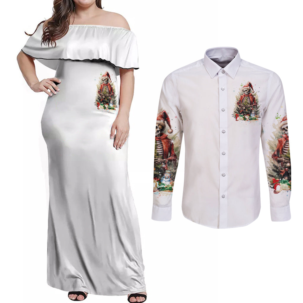 Skeleton Santa Claus Couples Matching Off Shoulder Maxi Dress and Long Sleeve Button Shirt On The Naughty List And I Regret Nothing - Wonder Print Shop