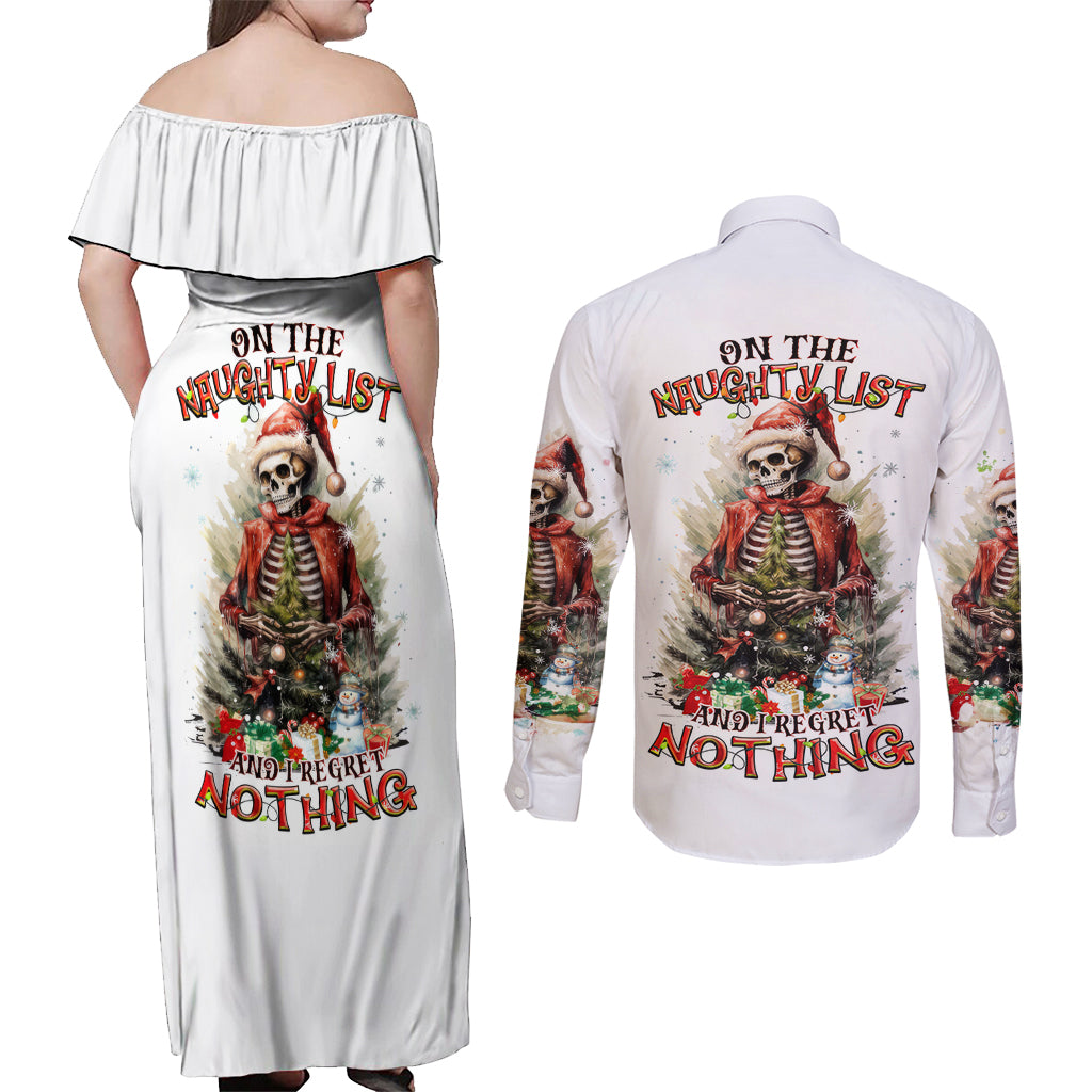 Skeleton Santa Claus Couples Matching Off Shoulder Maxi Dress and Long Sleeve Button Shirt On The Naughty List And I Regret Nothing - Wonder Print Shop