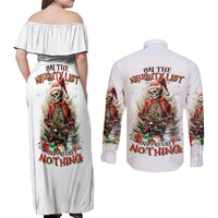 Skeleton Santa Claus Couples Matching Off Shoulder Maxi Dress and Long Sleeve Button Shirt On The Naughty List And I Regret Nothing - Wonder Print Shop