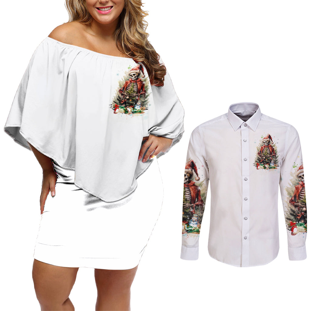 Skeleton Santa Claus Couples Matching Off Shoulder Short Dress and Long Sleeve Button Shirt On The Naughty List And I Regret Nothing - Wonder Print Shop