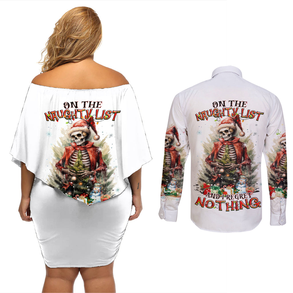Skeleton Santa Claus Couples Matching Off Shoulder Short Dress and Long Sleeve Button Shirt On The Naughty List And I Regret Nothing - Wonder Print Shop