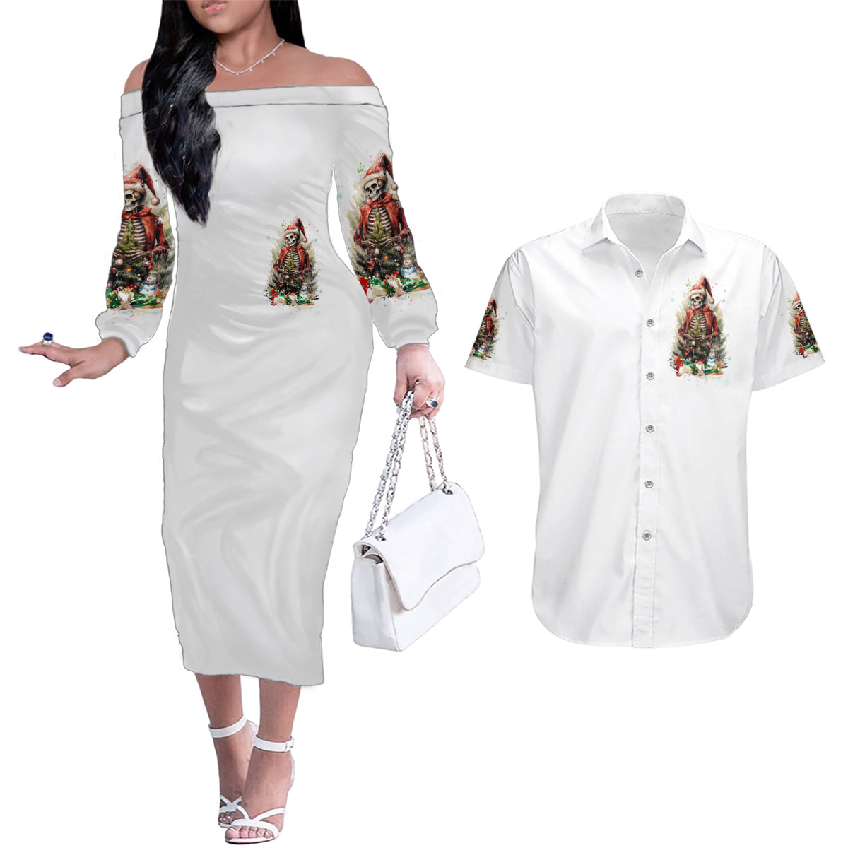 Skeleton Santa Claus Couples Matching Off The Shoulder Long Sleeve Dress and Hawaiian Shirt On The Naughty List And I Regret Nothing - Wonder Print Shop