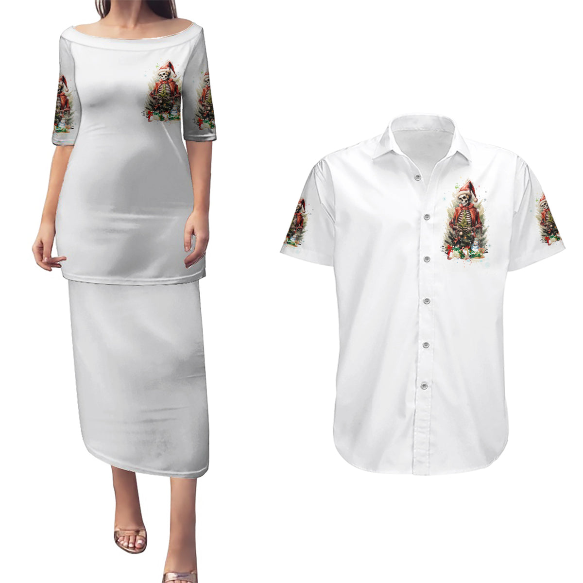 Skeleton Santa Claus Couples Matching Puletasi Dress and Hawaiian Shirt On The Naughty List And I Regret Nothing - Wonder Print Shop