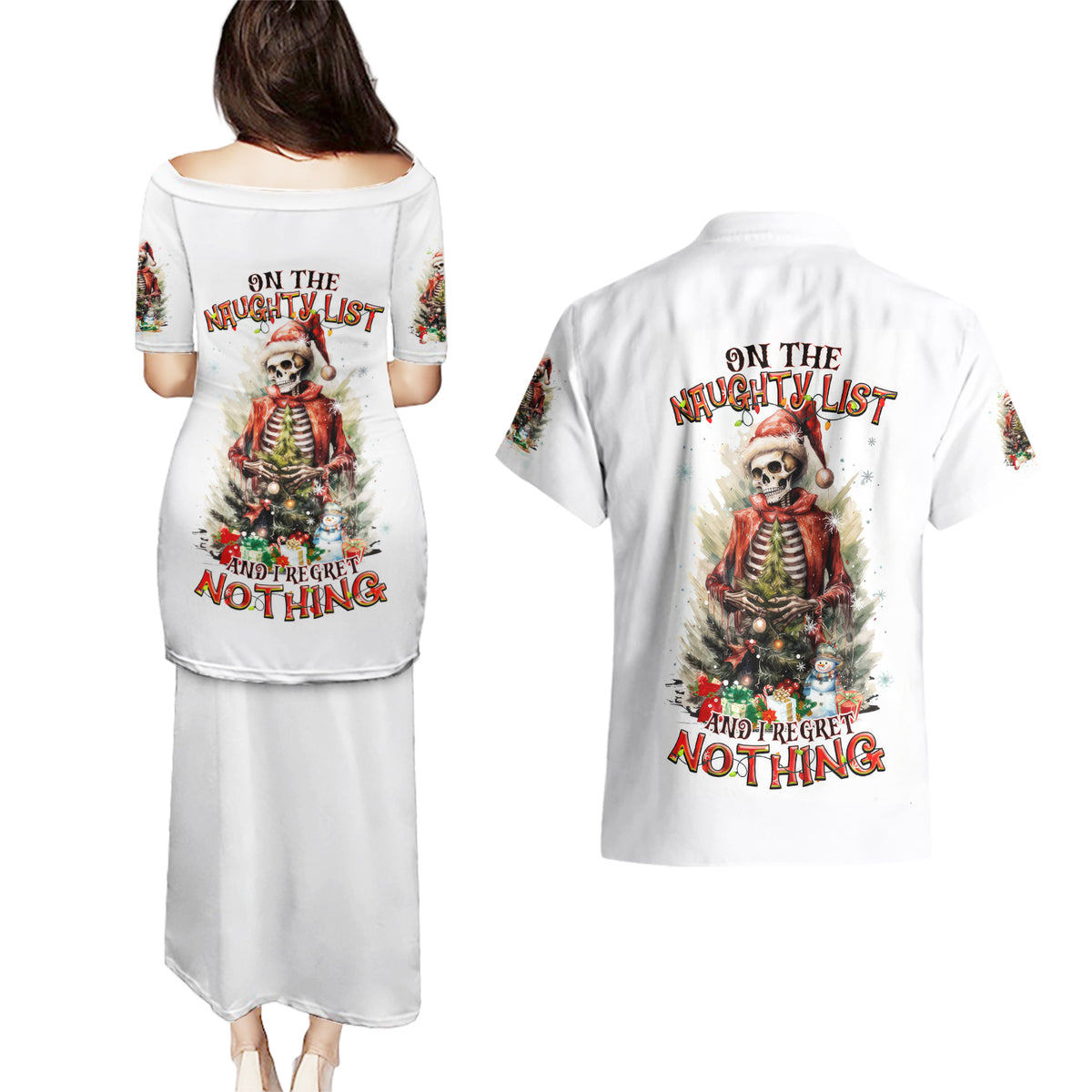 Skeleton Santa Claus Couples Matching Puletasi Dress and Hawaiian Shirt On The Naughty List And I Regret Nothing - Wonder Print Shop