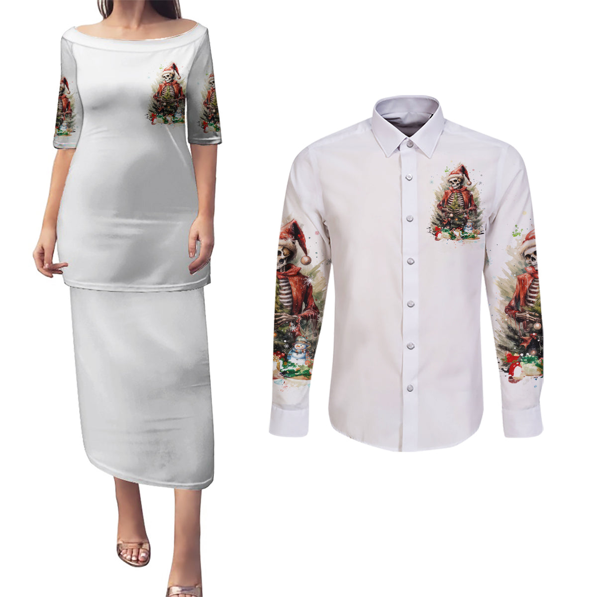 Skeleton Santa Claus Couples Matching Puletasi Dress and Long Sleeve Button Shirt On The Naughty List And I Regret Nothing - Wonder Print Shop