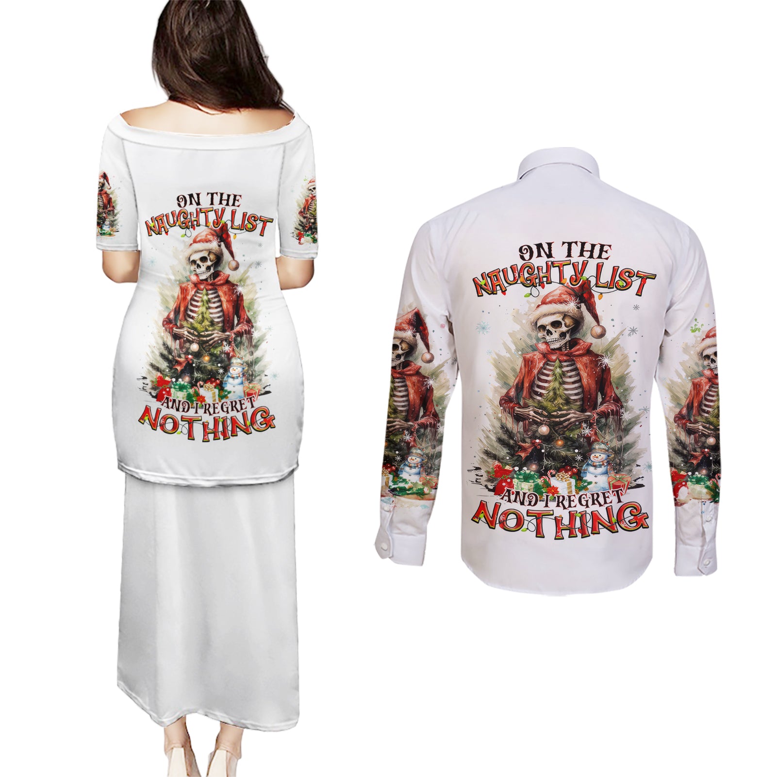 Skeleton Santa Claus Couples Matching Puletasi Dress and Long Sleeve Button Shirt On The Naughty List And I Regret Nothing - Wonder Print Shop