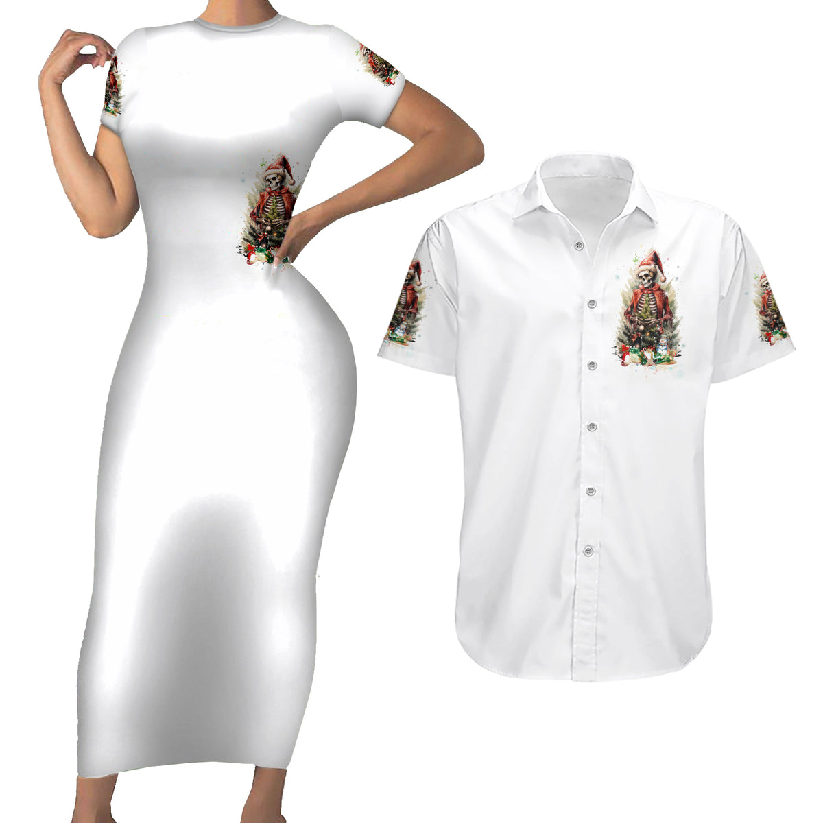 Skeleton Santa Claus Couples Matching Short Sleeve Bodycon Dress and Hawaiian Shirt On The Naughty List And I Regret Nothing - Wonder Print Shop