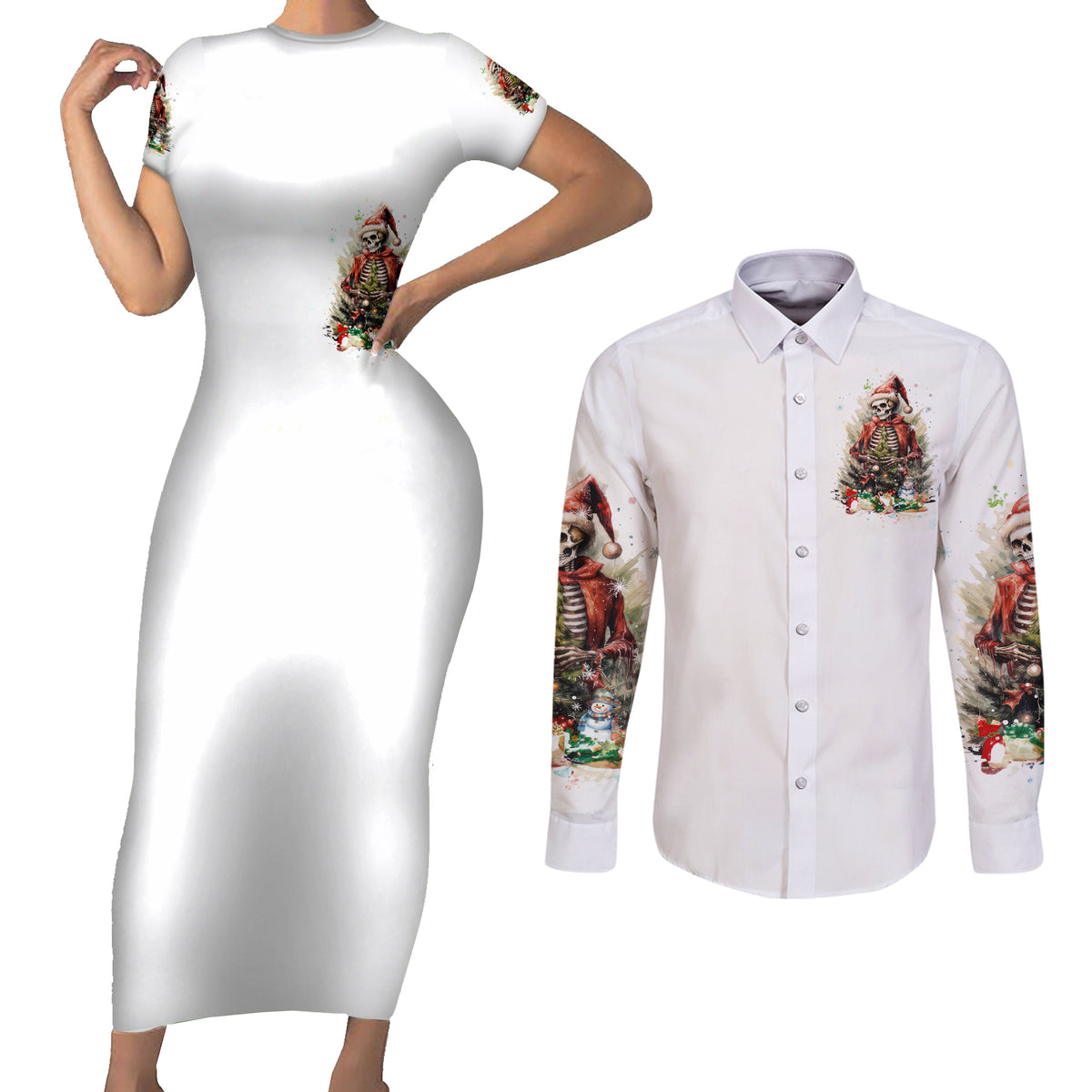 Skeleton Santa Claus Couples Matching Short Sleeve Bodycon Dress and Long Sleeve Button Shirt On The Naughty List And I Regret Nothing - Wonder Print Shop