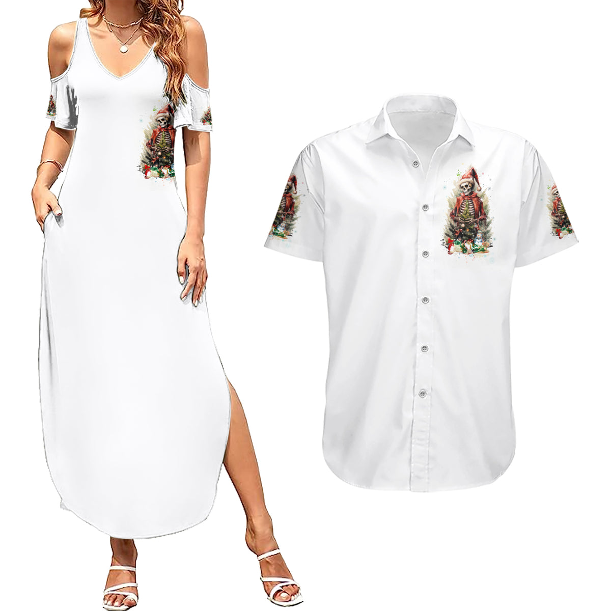 Skeleton Santa Claus Couples Matching Summer Maxi Dress and Hawaiian Shirt On The Naughty List And I Regret Nothing - Wonder Print Shop