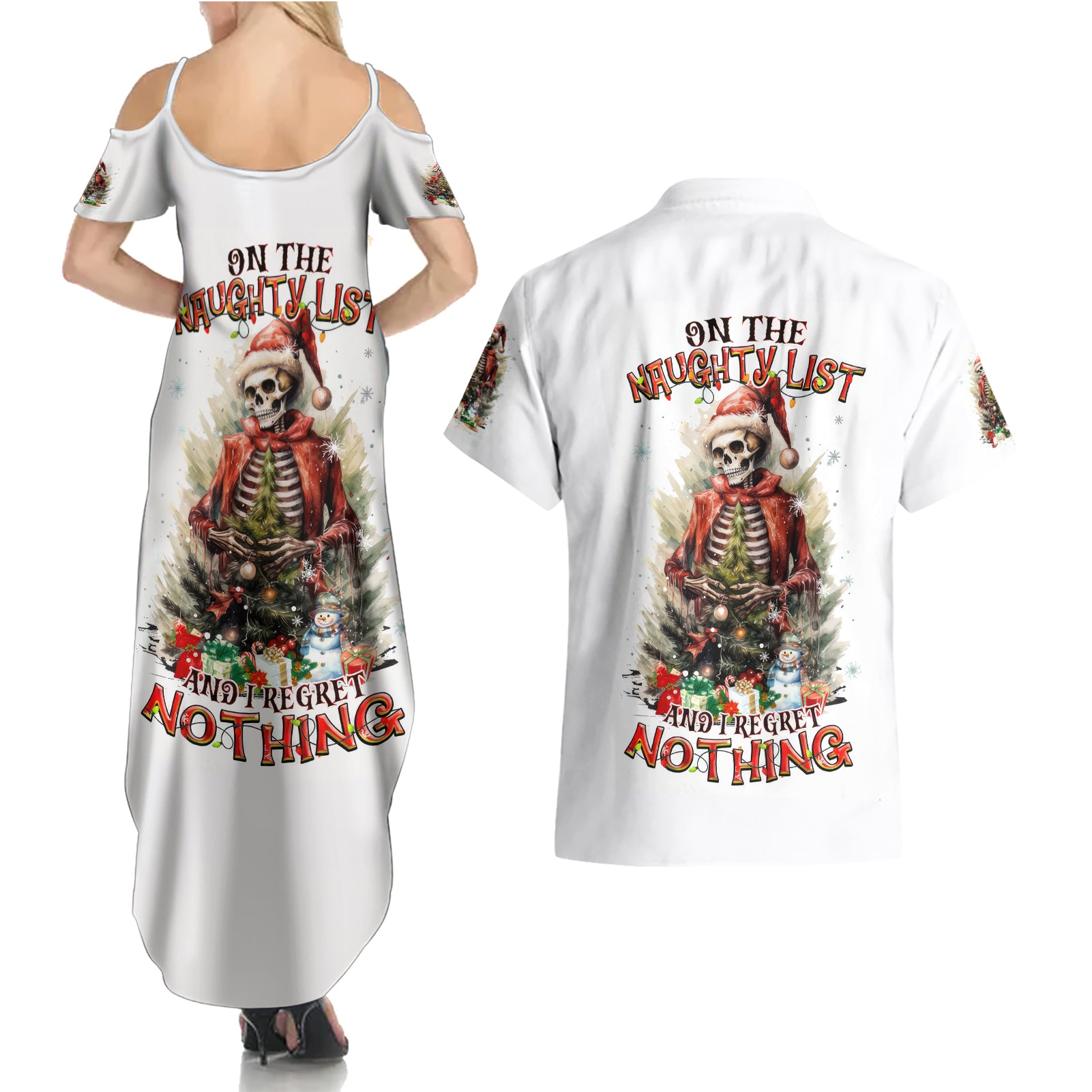 Skeleton Santa Claus Couples Matching Summer Maxi Dress and Hawaiian Shirt On The Naughty List And I Regret Nothing - Wonder Print Shop