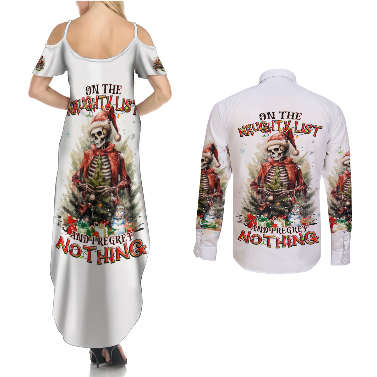 Skeleton Santa Claus Couples Matching Summer Maxi Dress and Long Sleeve Button Shirt On The Naughty List And I Regret Nothing - Wonder Print Shop