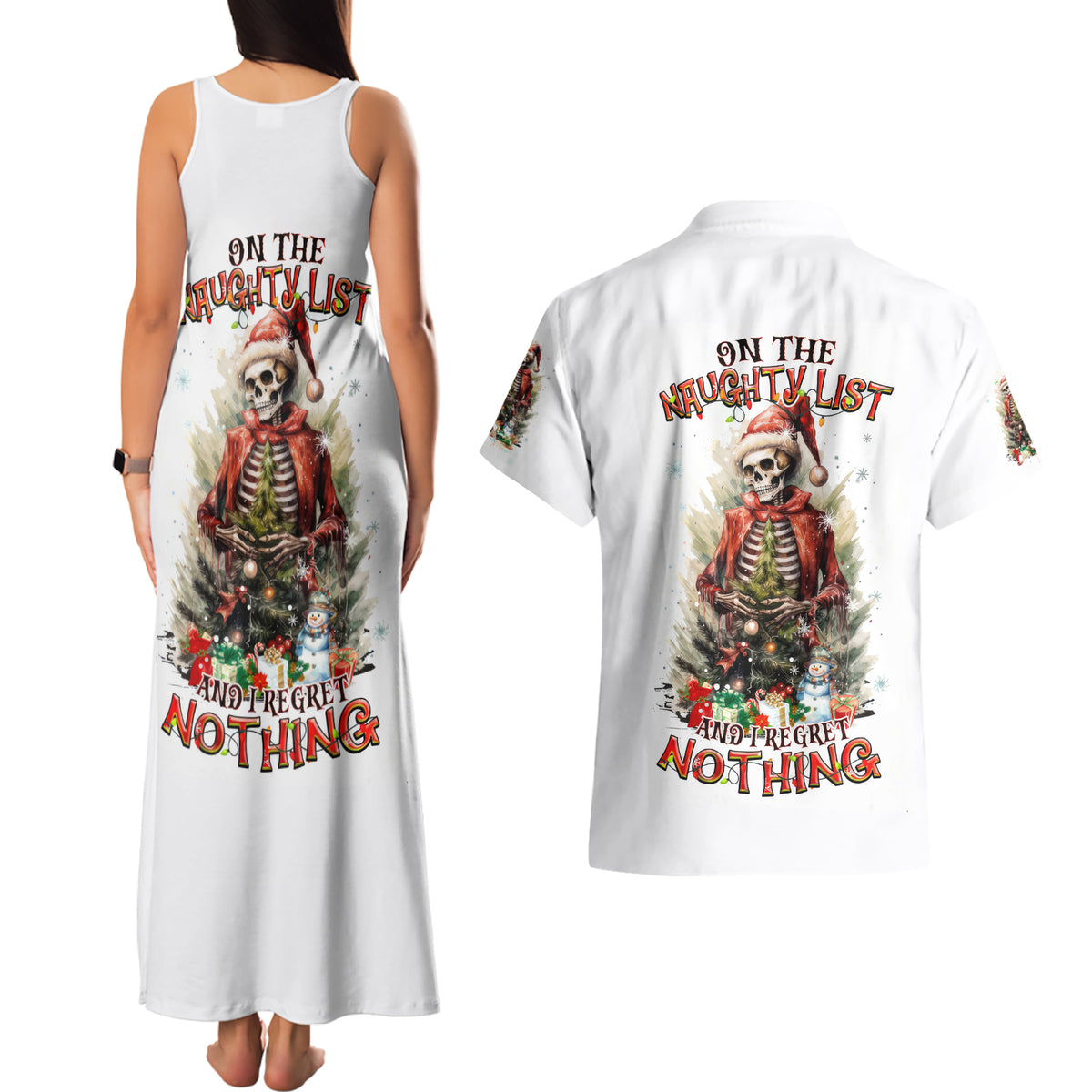 Skeleton Santa Claus Couples Matching Tank Maxi Dress and Hawaiian Shirt On The Naughty List And I Regret Nothing - Wonder Print Shop