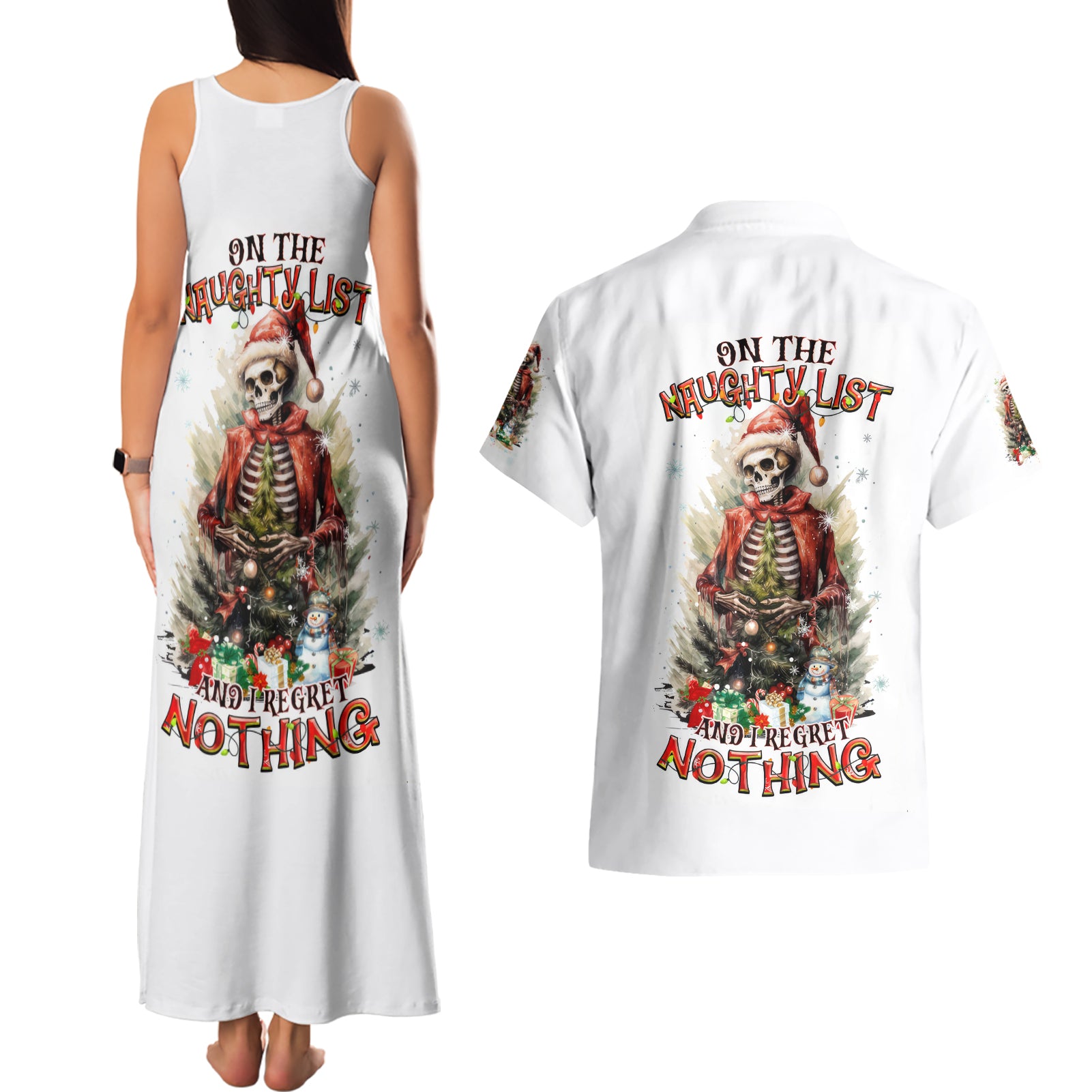 Skeleton Santa Claus Couples Matching Tank Maxi Dress and Hawaiian Shirt On The Naughty List And I Regret Nothing - Wonder Print Shop