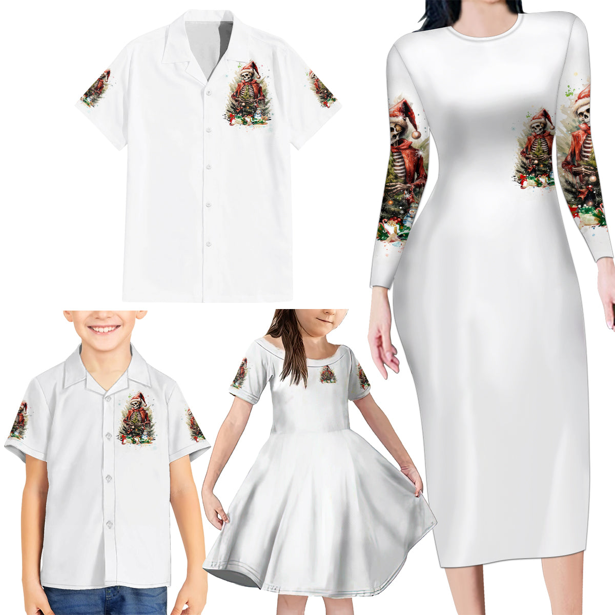 Skeleton Santa Claus Family Matching Long Sleeve Bodycon Dress and Hawaiian Shirt On The Naughty List And I Regret Nothing - Wonder Print Shop