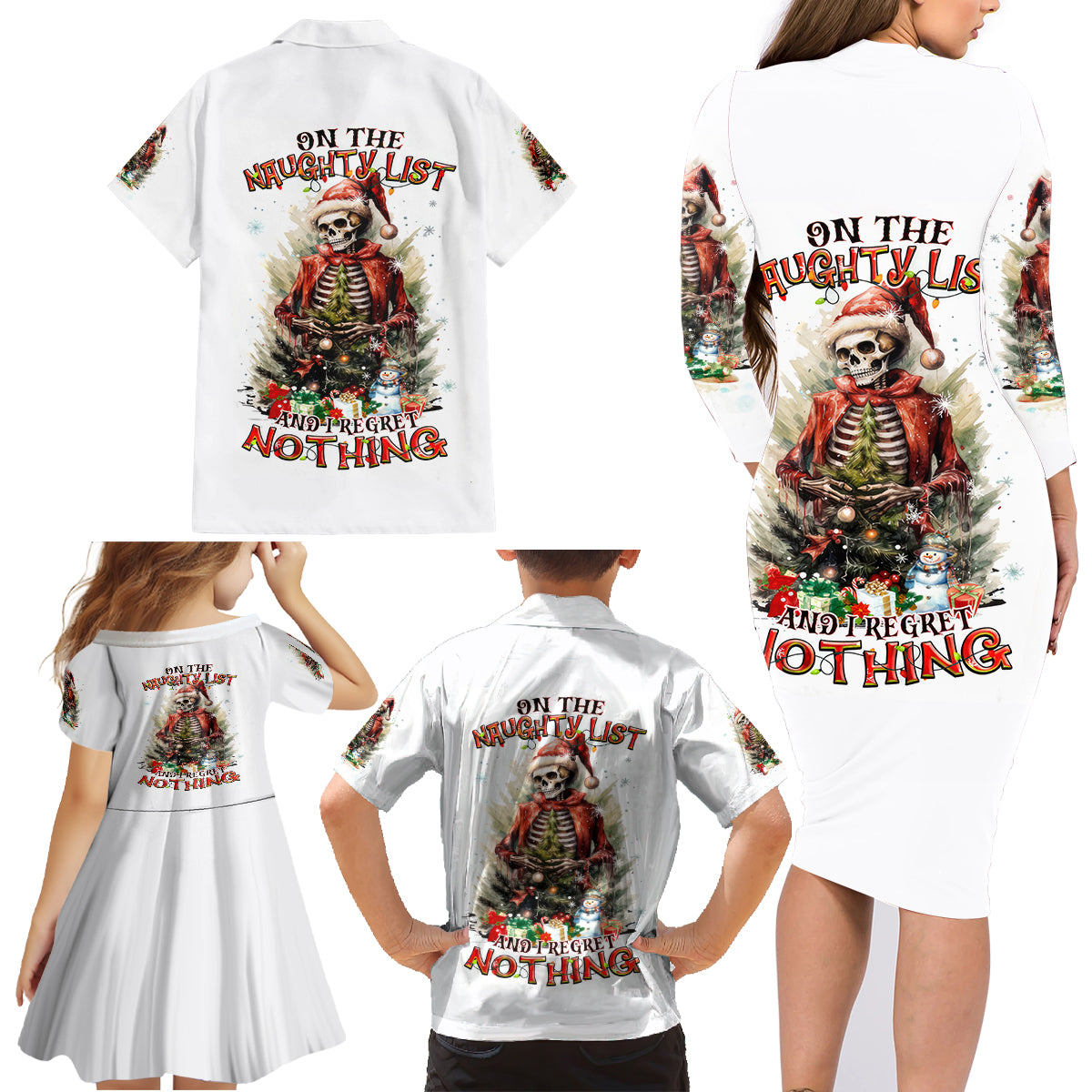 Skeleton Santa Claus Family Matching Long Sleeve Bodycon Dress and Hawaiian Shirt On The Naughty List And I Regret Nothing - Wonder Print Shop