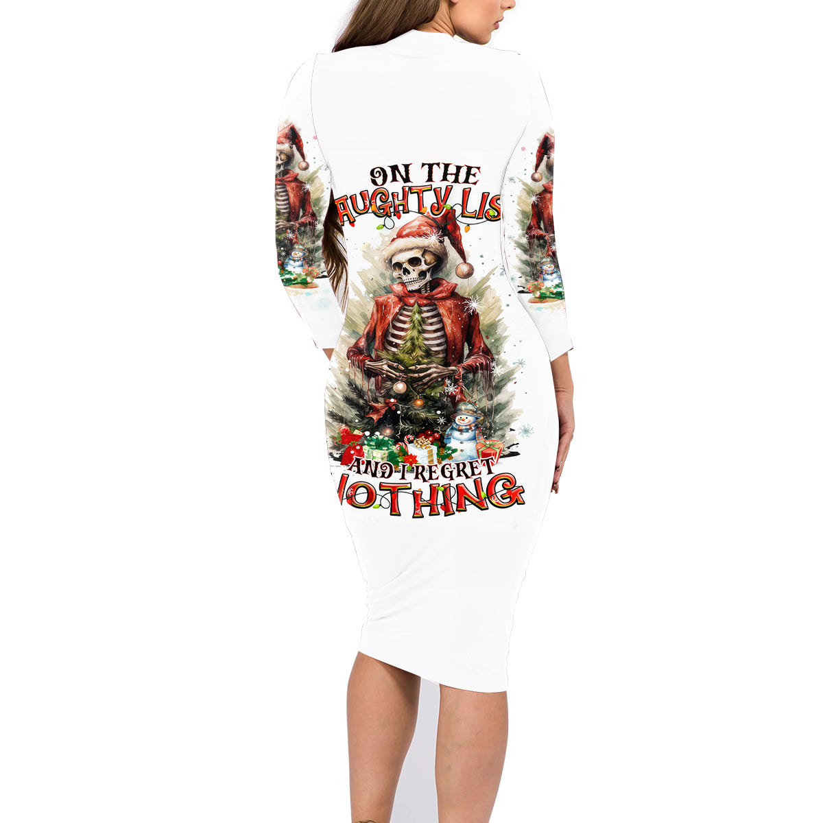 Skeleton Santa Claus Family Matching Long Sleeve Bodycon Dress and Hawaiian Shirt On The Naughty List And I Regret Nothing - Wonder Print Shop