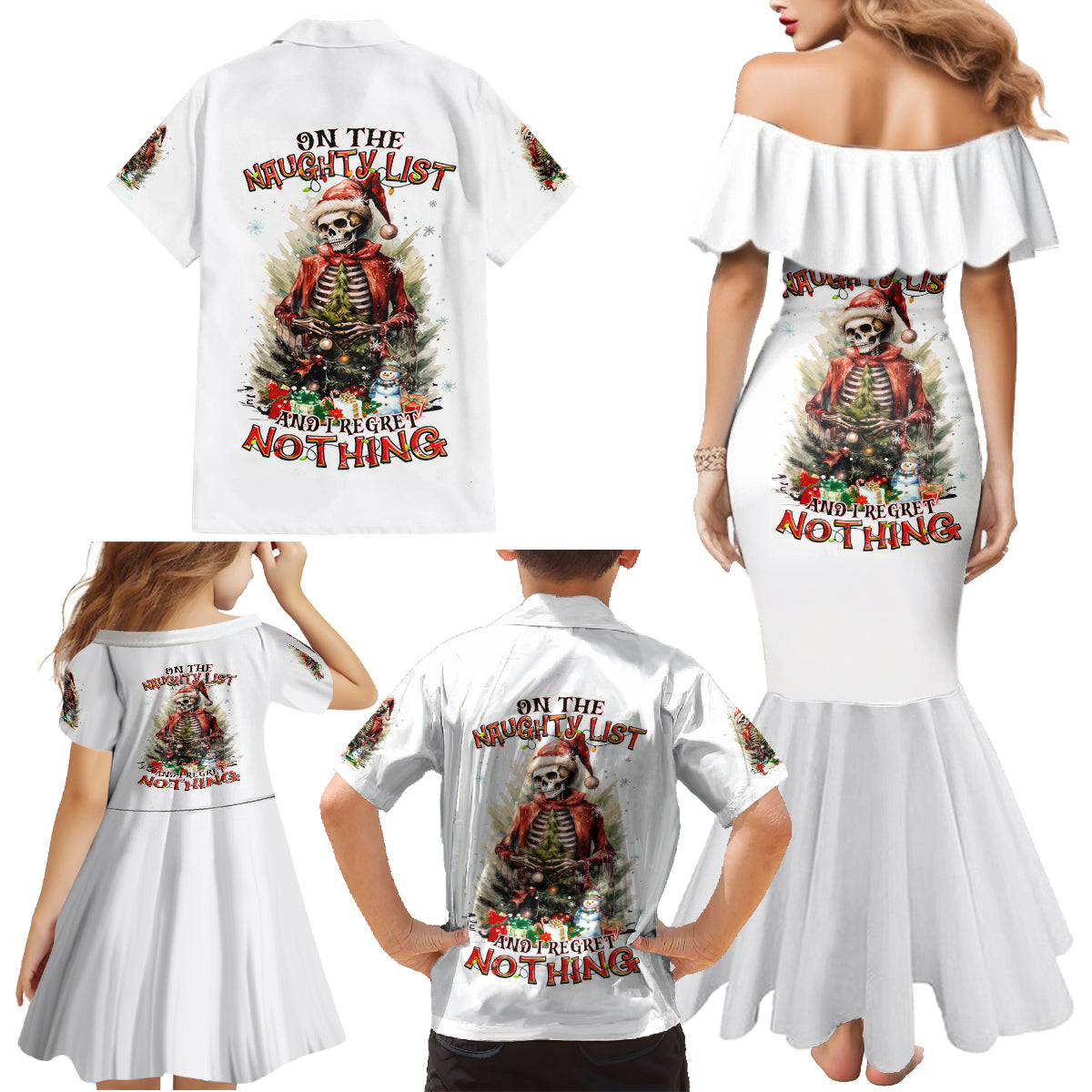 Skeleton Santa Claus Family Matching Mermaid Dress and Hawaiian Shirt On The Naughty List And I Regret Nothing - Wonder Print Shop