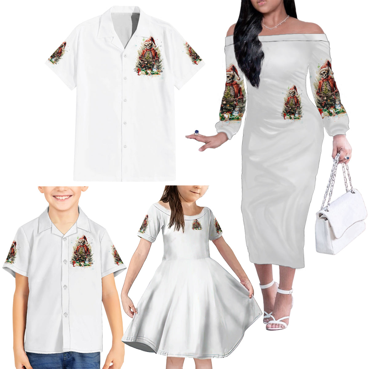 Skeleton Santa Claus Family Matching Off Shoulder Long Sleeve Dress and Hawaiian Shirt On The Naughty List And I Regret Nothing - Wonder Print Shop