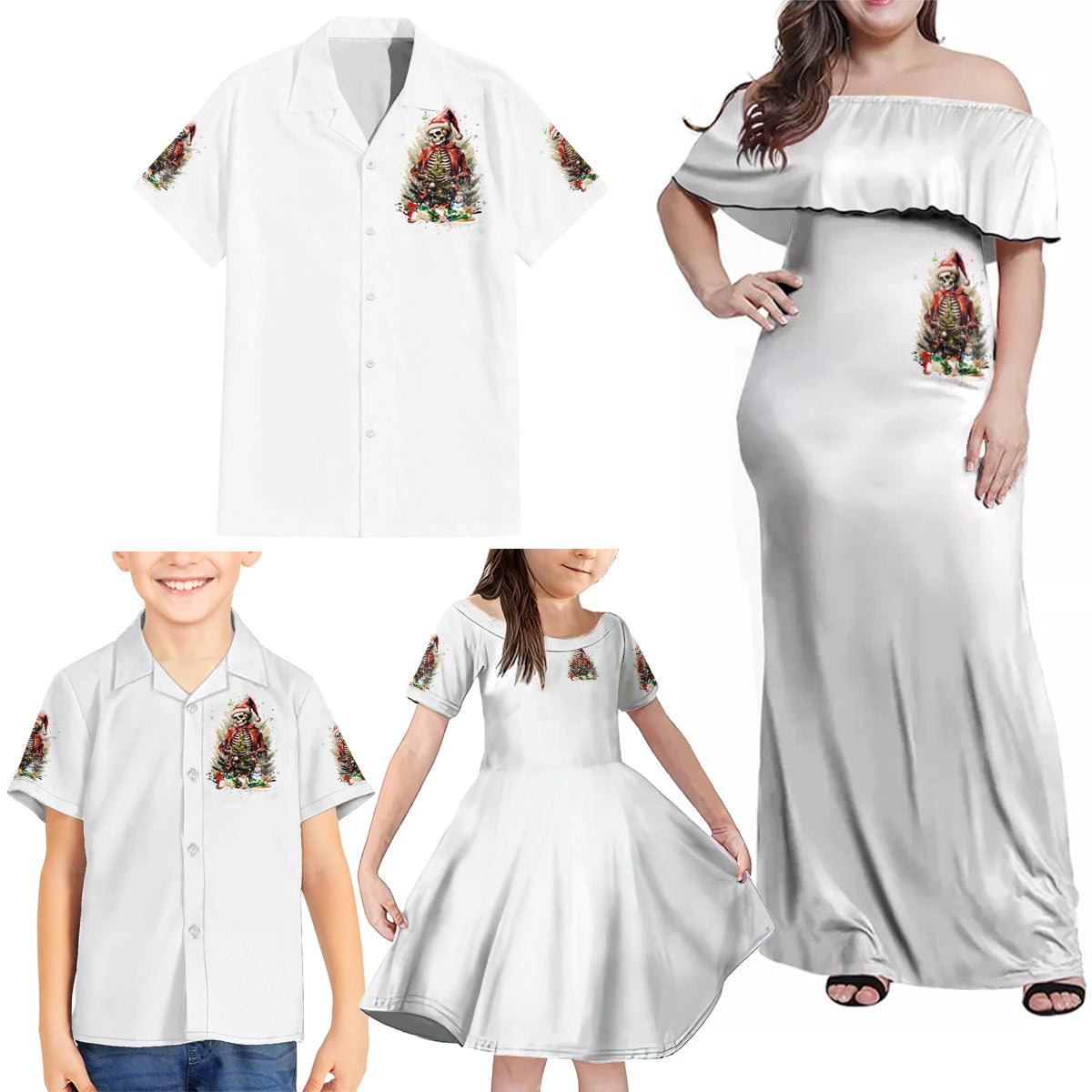 Skeleton Santa Claus Family Matching Off Shoulder Maxi Dress and Hawaiian Shirt On The Naughty List And I Regret Nothing - Wonder Print Shop