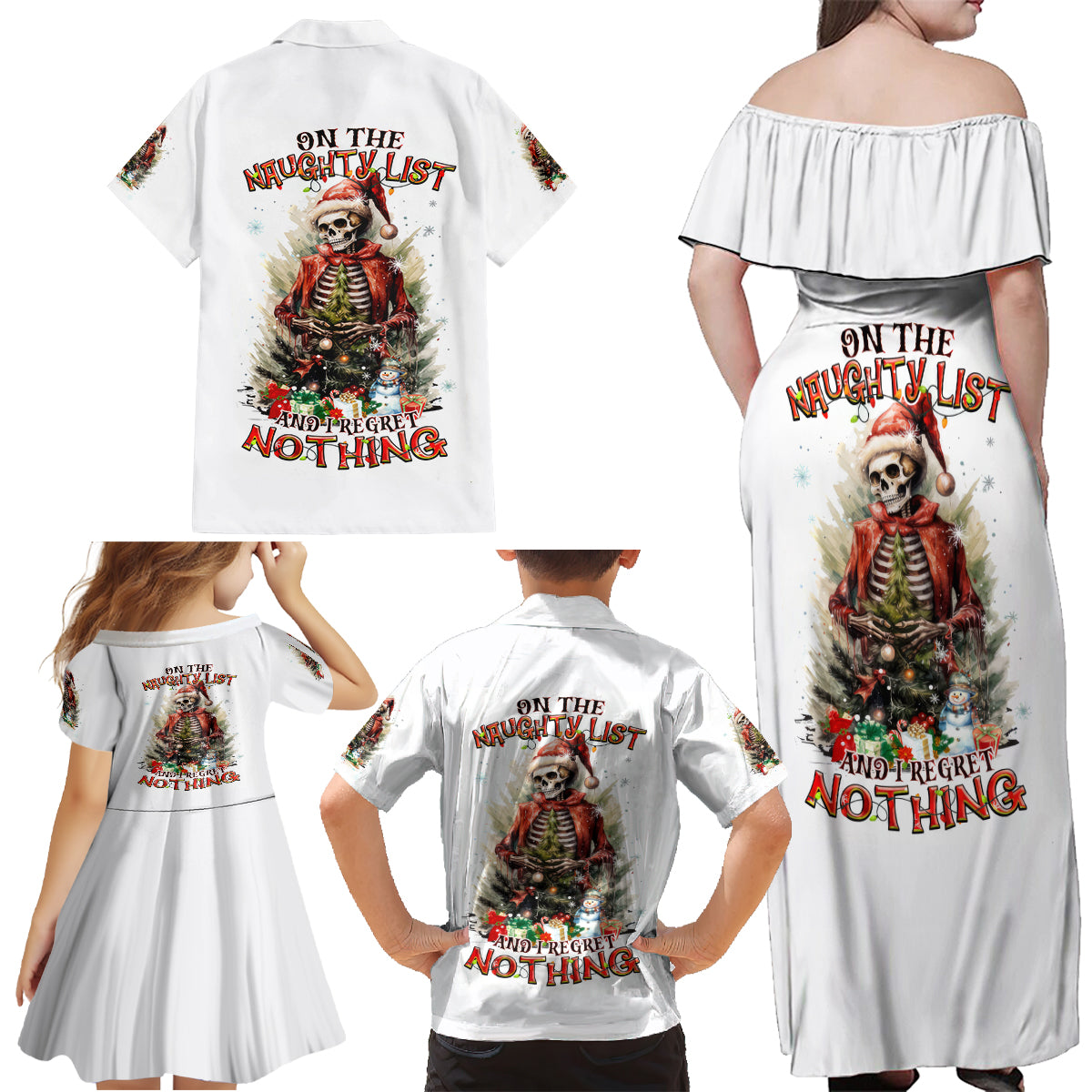 Skeleton Santa Claus Family Matching Off Shoulder Maxi Dress and Hawaiian Shirt On The Naughty List And I Regret Nothing - Wonder Print Shop
