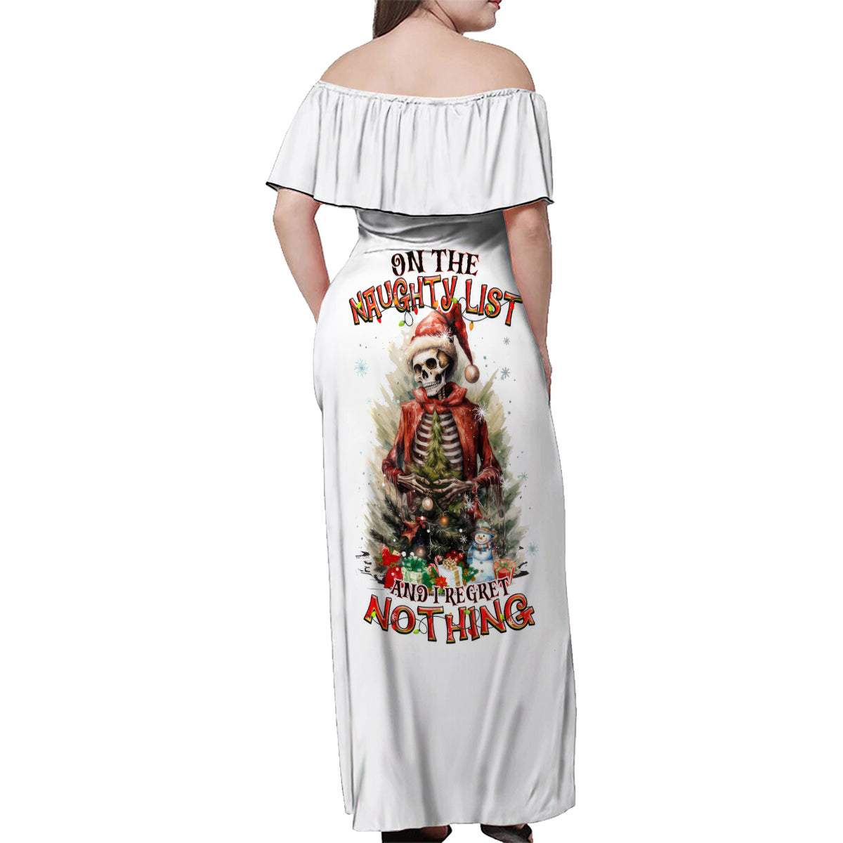 Skeleton Santa Claus Family Matching Off Shoulder Maxi Dress and Hawaiian Shirt On The Naughty List And I Regret Nothing - Wonder Print Shop
