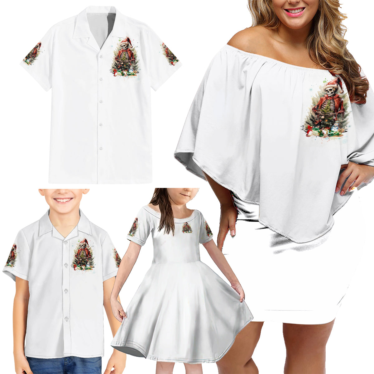 Skeleton Santa Claus Family Matching Off Shoulder Short Dress and Hawaiian Shirt On The Naughty List And I Regret Nothing - Wonder Print Shop