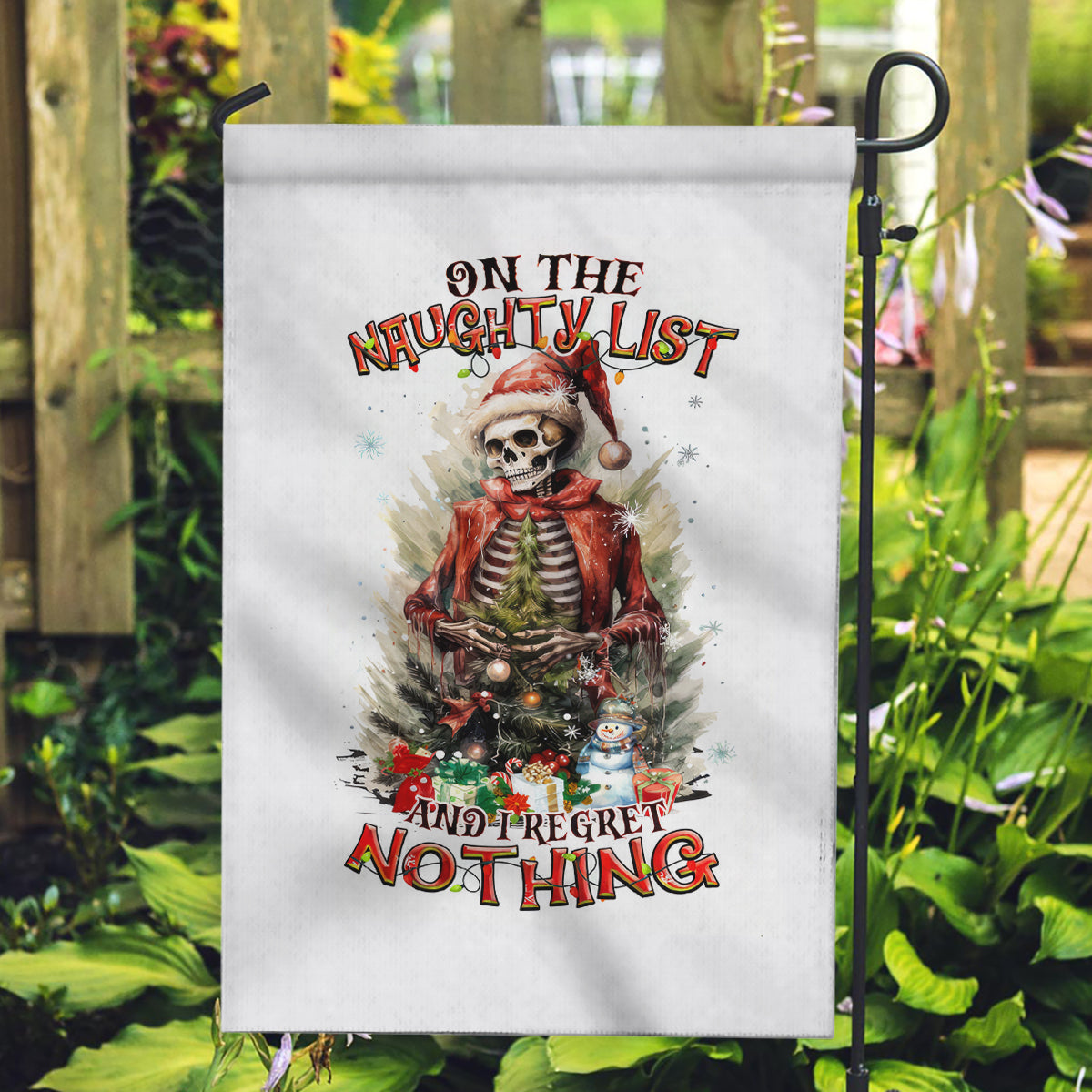 Skeleton Santa Claus Garden Flag On The Naughty List And I Regret Nothing - Wonder Print Shop