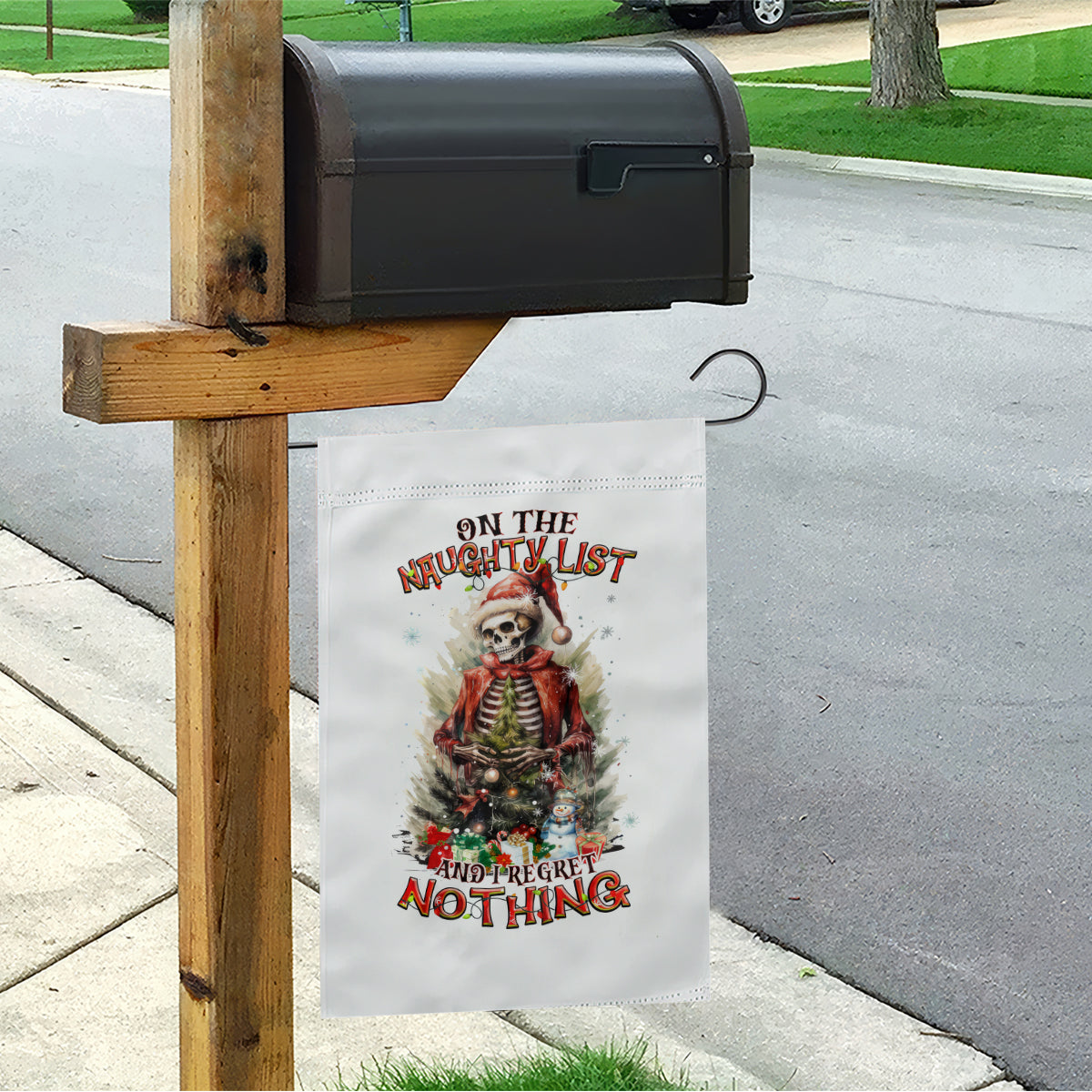 Skeleton Santa Claus Garden Flag On The Naughty List And I Regret Nothing - Wonder Print Shop