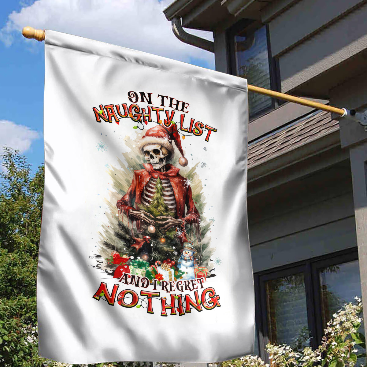 Skeleton Santa Claus Garden Flag On The Naughty List And I Regret Nothing - Wonder Print Shop