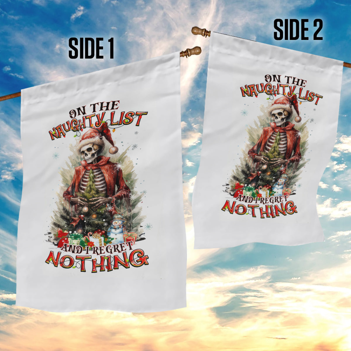 Skeleton Santa Claus Garden Flag On The Naughty List And I Regret Nothing - Wonder Print Shop
