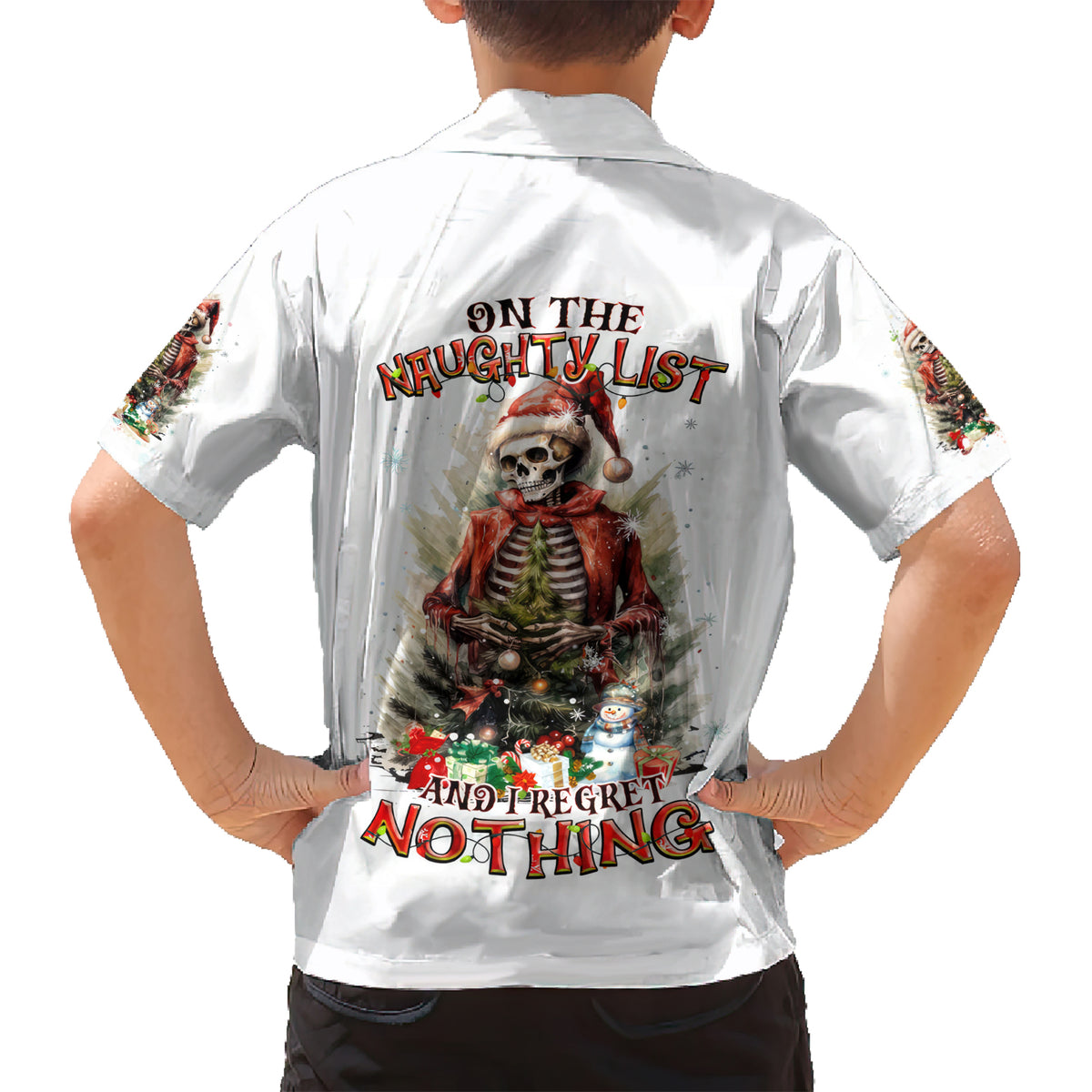 Skeleton Santa Claus Kid Hawaiian Shirt On The Naughty List And I Regret Nothing - Wonder Print Shop