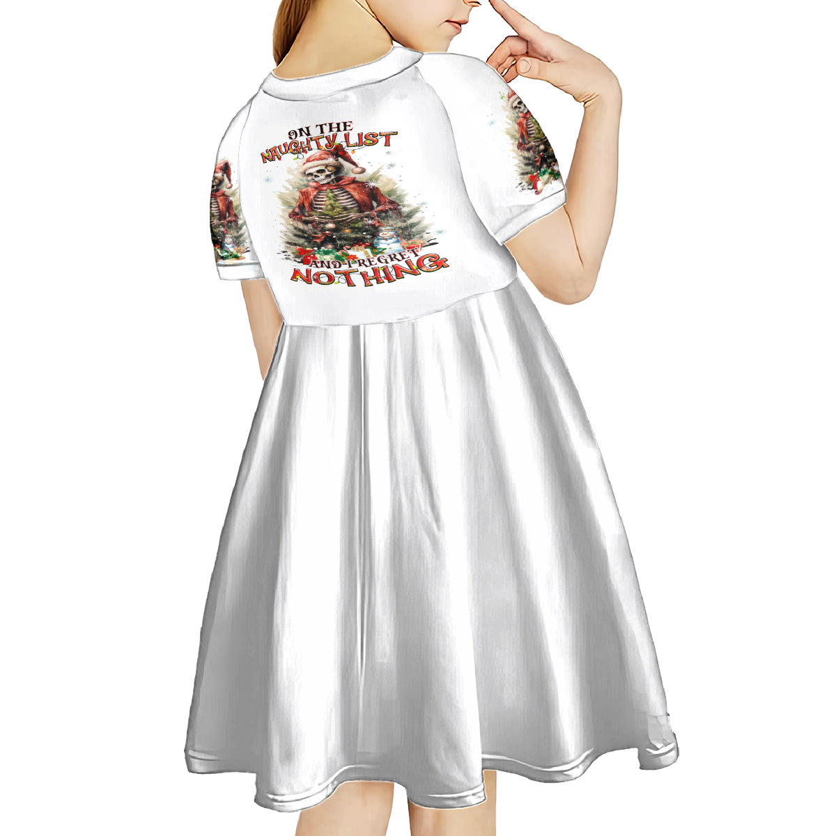 Skeleton Santa Claus Kid Short Sleeve Dress On The Naughty List And I Regret Nothing - Wonder Print Shop