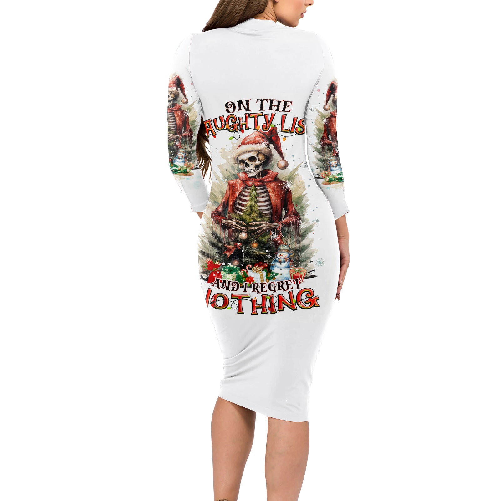Skeleton Santa Claus Long Sleeve Bodycon Dress On The Naughty List And I Regret Nothing - Wonder Print Shop