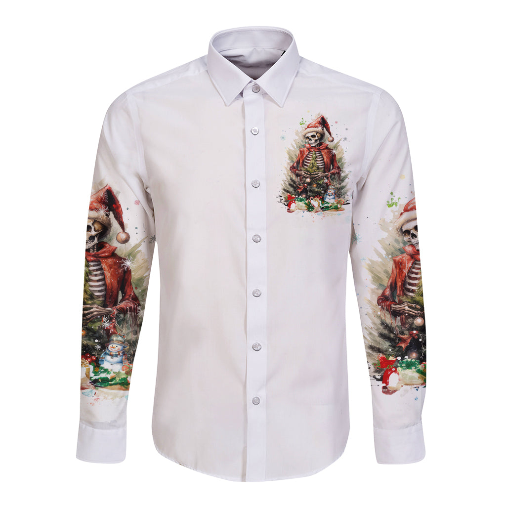 Skeleton Santa Claus Long Sleeve Button Shirt On The Naughty List And I Regret Nothing - Wonder Print Shop