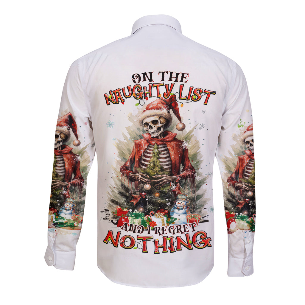 Skeleton Santa Claus Long Sleeve Button Shirt On The Naughty List And I Regret Nothing - Wonder Print Shop