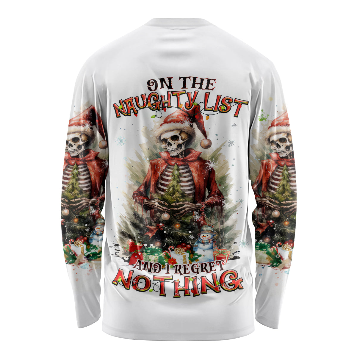 Skeleton Santa Claus Long Sleeve Shirt On The Naughty List And I Regret Nothing - Wonder Print Shop