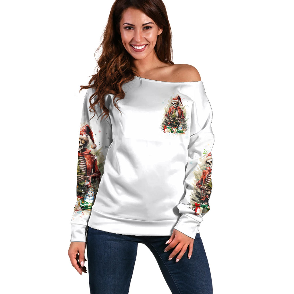 Skeleton Santa Claus Off Shoulder Sweater On The Naughty List And I Regret Nothing - Wonder Print Shop