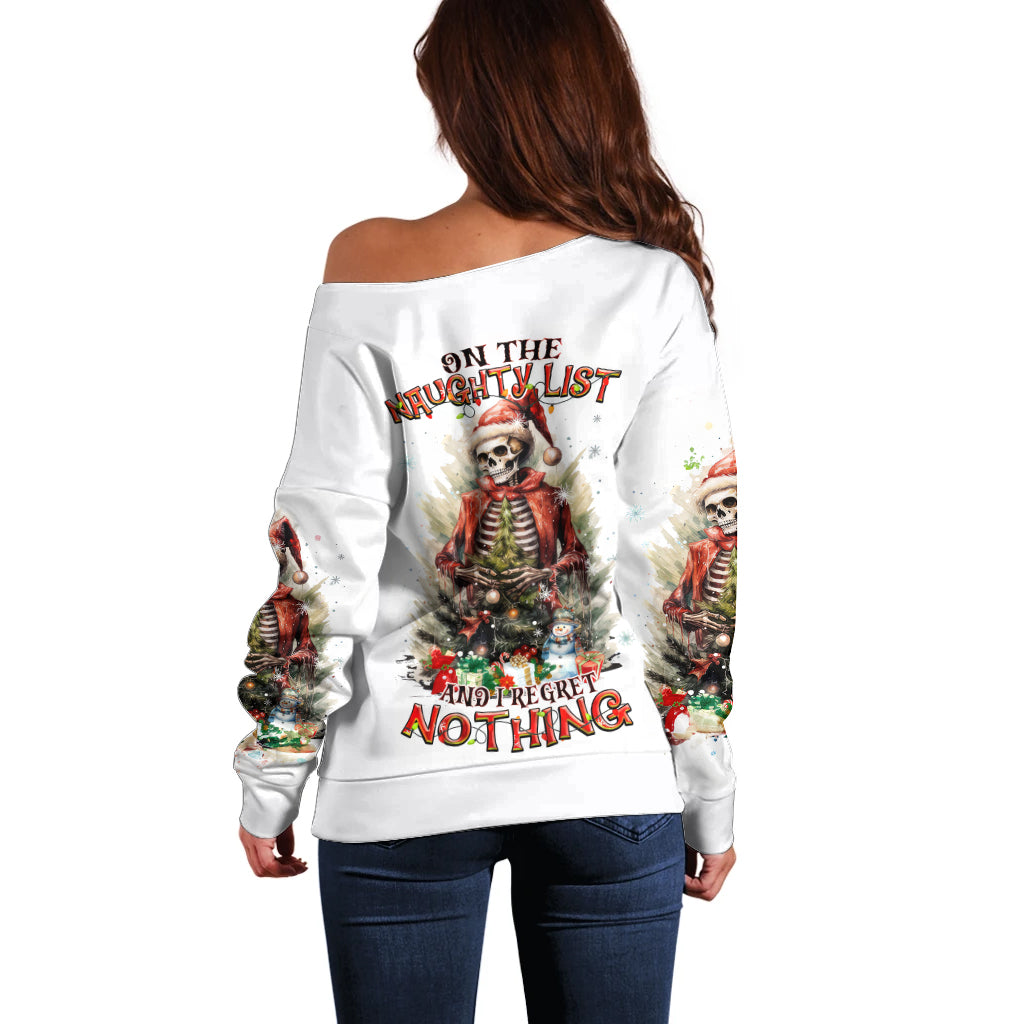 Skeleton Santa Claus Off Shoulder Sweater On The Naughty List And I Regret Nothing - Wonder Print Shop