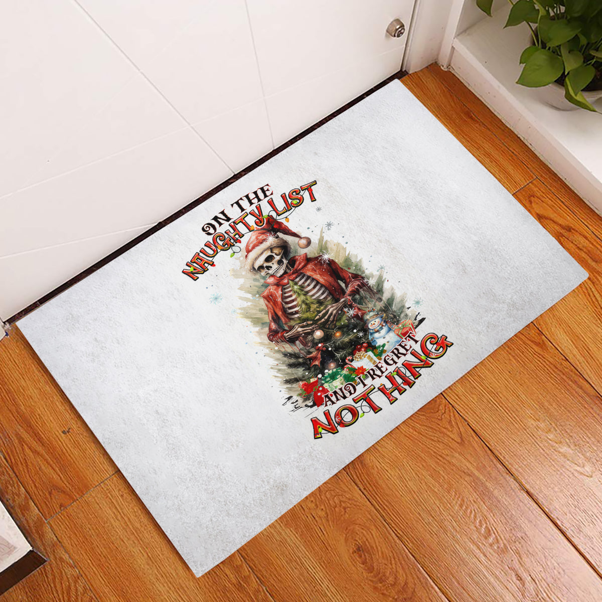 Skeleton Santa Claus Rubber Doormat On The Naughty List And I Regret Nothing - Wonder Print Shop