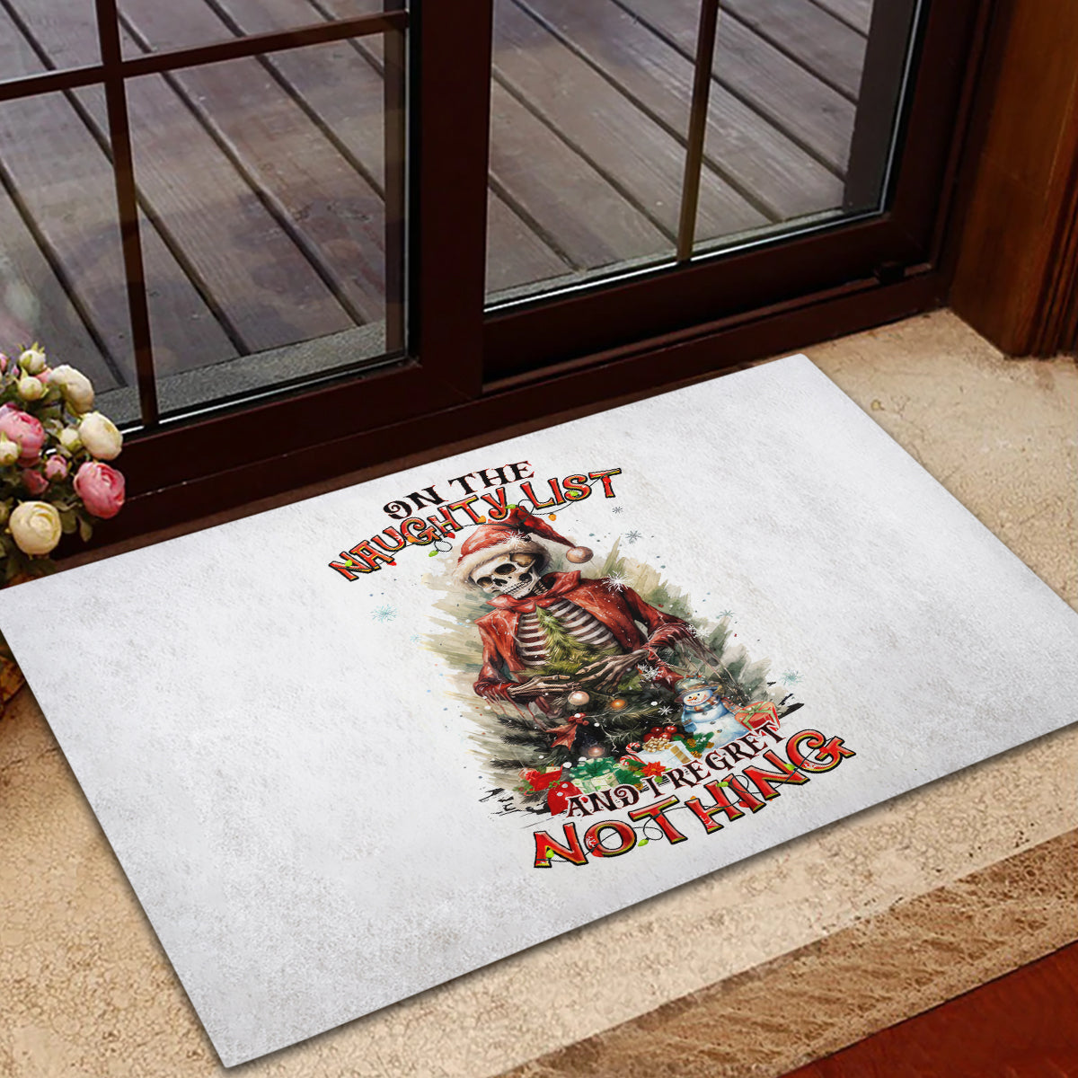 Skeleton Santa Claus Rubber Doormat On The Naughty List And I Regret Nothing - Wonder Print Shop