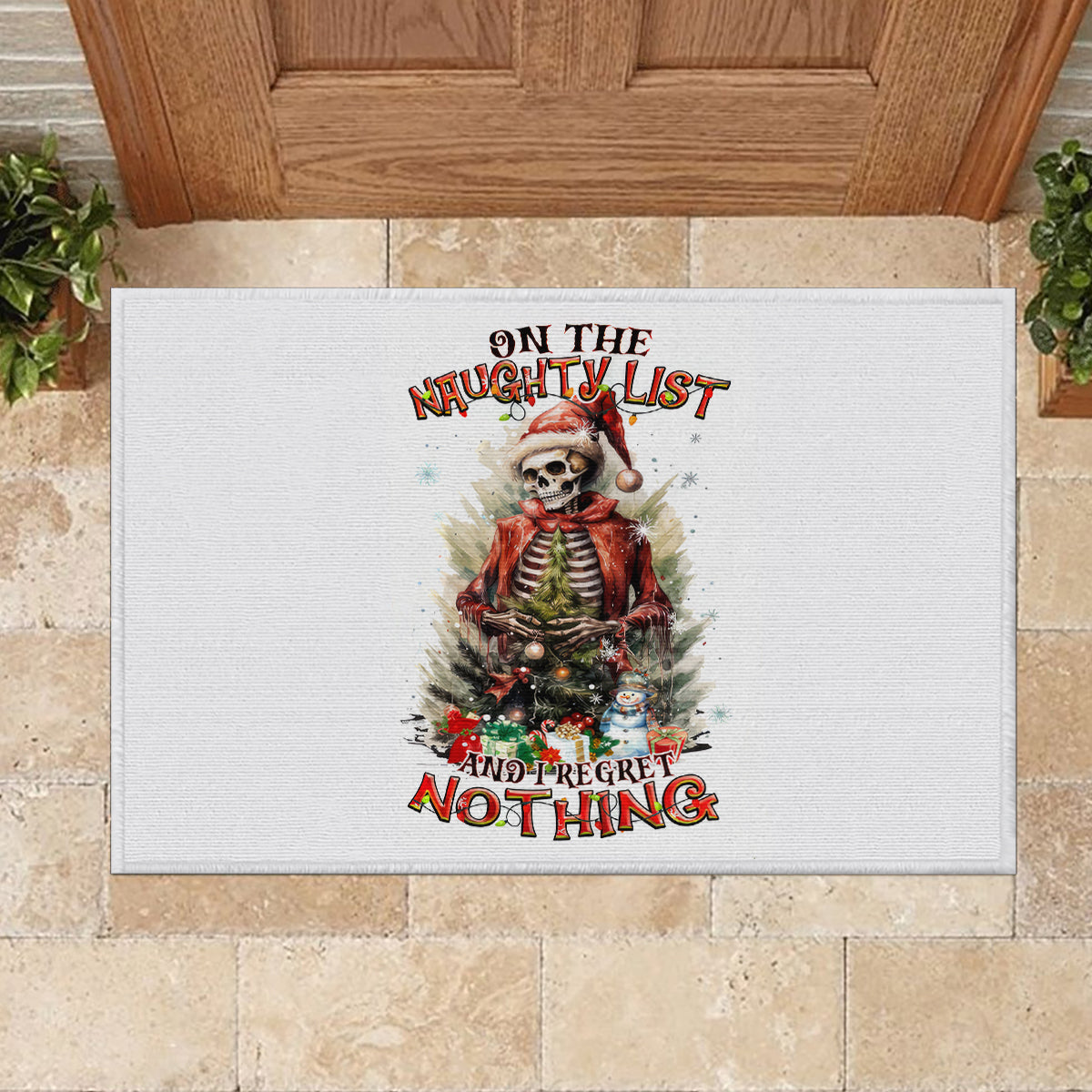 Skeleton Santa Claus Rubber Doormat On The Naughty List And I Regret Nothing - Wonder Print Shop