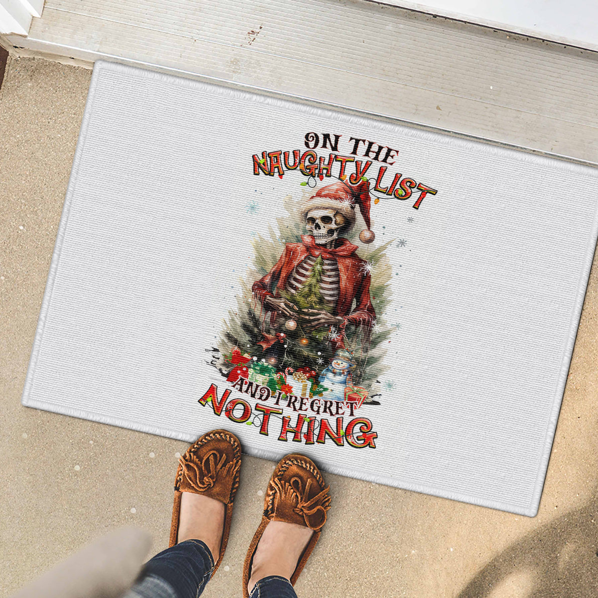 Skeleton Santa Claus Rubber Doormat On The Naughty List And I Regret Nothing - Wonder Print Shop