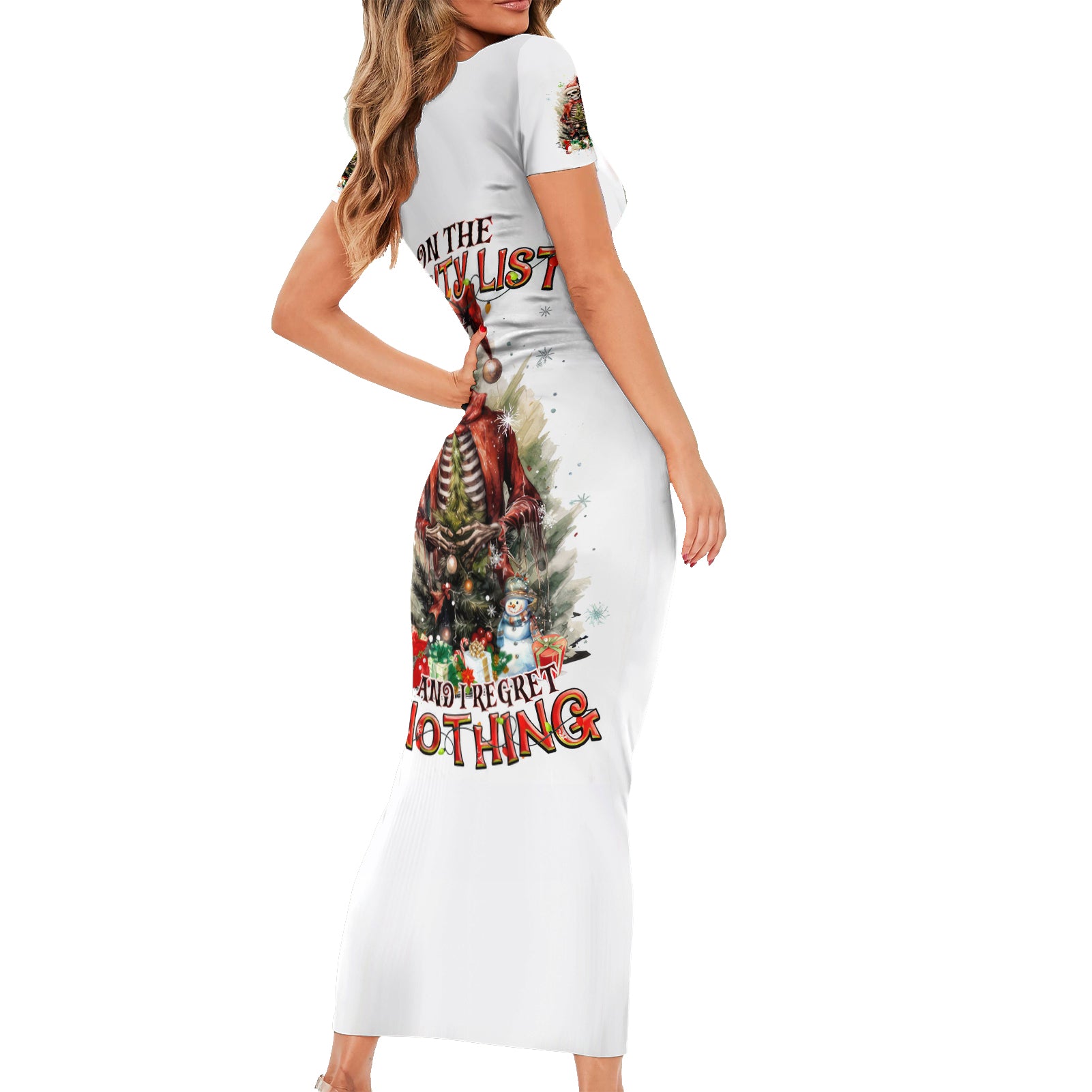 Skeleton Santa Claus Short Sleeve Bodycon Dress On The Naughty List And I Regret Nothing - Wonder Print Shop