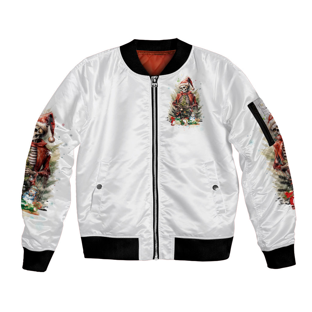Skeleton Santa Claus Sleeve Zip Bomber Jacket On The Naughty List And I Regret Nothing - Wonder Print Shop