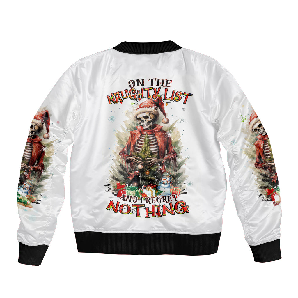 Skeleton Santa Claus Sleeve Zip Bomber Jacket On The Naughty List And I Regret Nothing - Wonder Print Shop