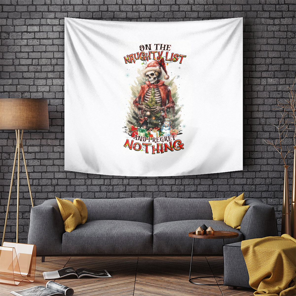 Skeleton Santa Claus Tapestry On The Naughty List And I Regret Nothing - Wonder Print Shop